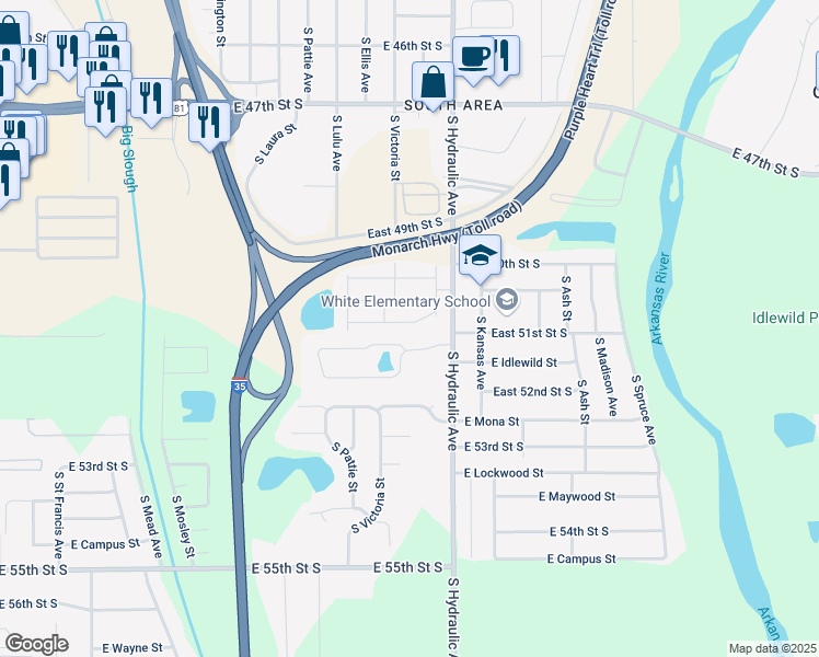 map of restaurants, bars, coffee shops, grocery stores, and more near 5135 South Hydraulic Avenue in Wichita