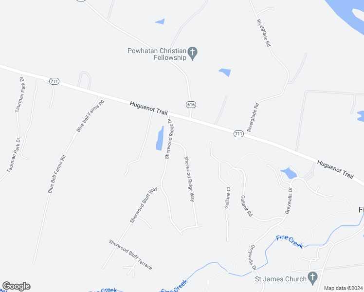 map of restaurants, bars, coffee shops, grocery stores, and more near 3256 Sherwood Ridge Way in Powhatan