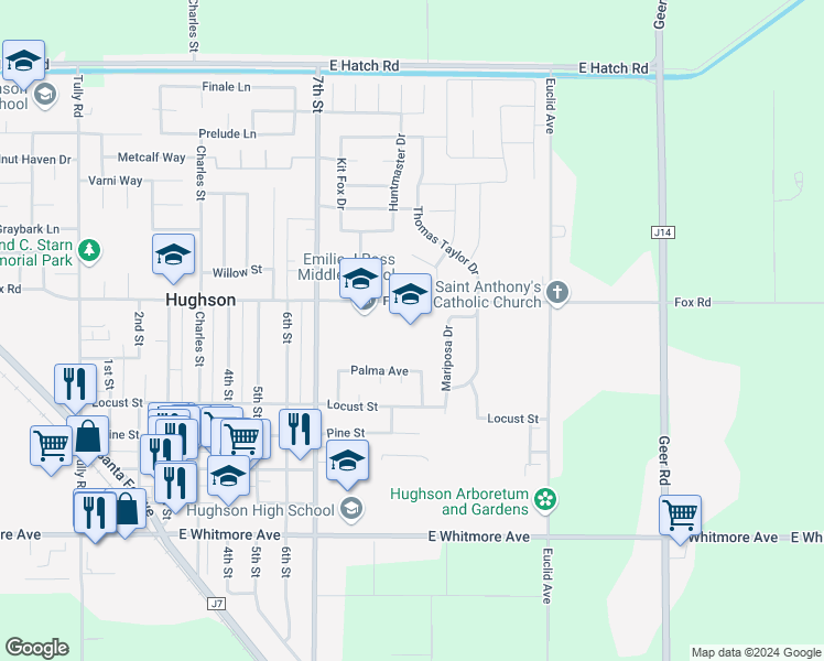 map of restaurants, bars, coffee shops, grocery stores, and more near 7600 Fox Road in Hughson