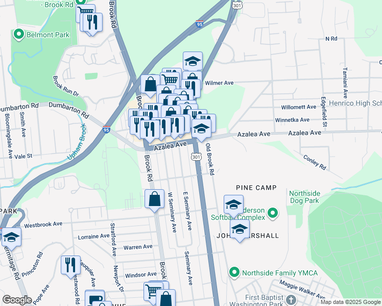 map of restaurants, bars, coffee shops, grocery stores, and more near 4920 Chamberlayne Avenue in Richmond
