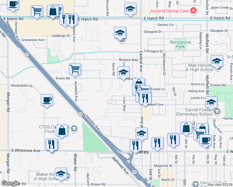 map of restaurants, bars, coffee shops, grocery stores, and more near 1945 Darrah Street in Ceres