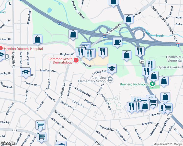 map of restaurants, bars, coffee shops, grocery stores, and more near 1910 Colgate Avenue in Richmond