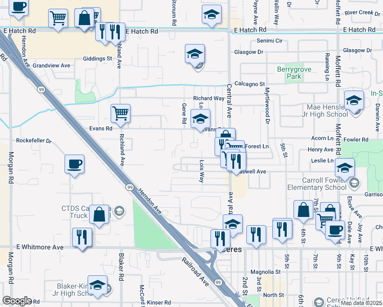 map of restaurants, bars, coffee shops, grocery stores, and more near 1947 Darrah Street in Ceres