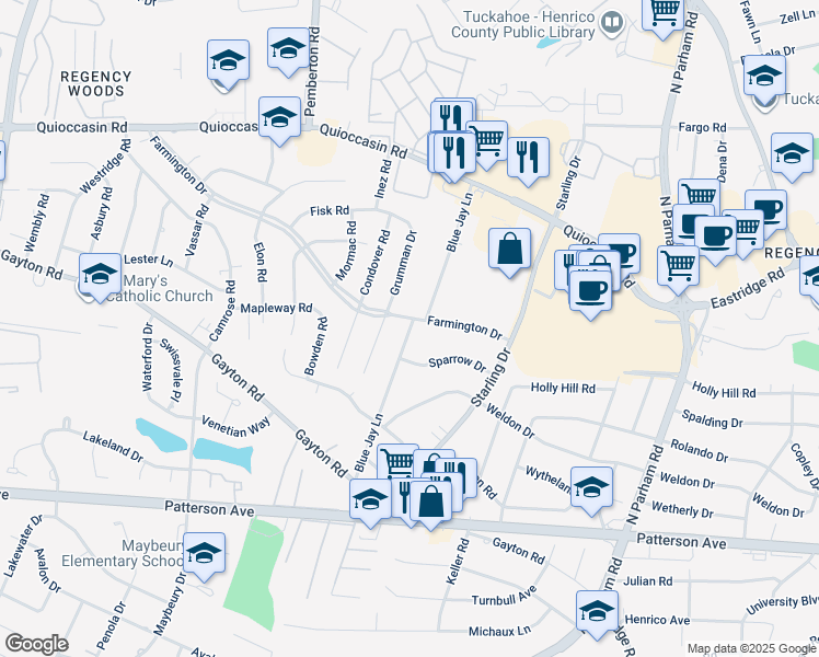 map of restaurants, bars, coffee shops, grocery stores, and more near 1225 Blue Jay Lane in Henrico