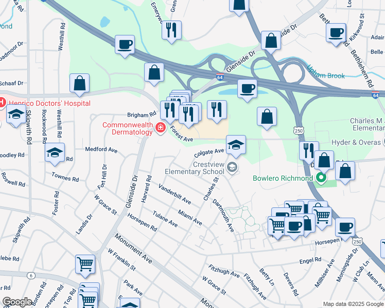 map of restaurants, bars, coffee shops, grocery stores, and more near 1910 Colgate Avenue in Richmond