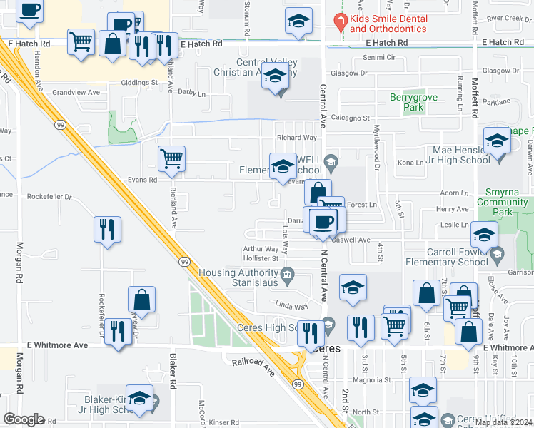 map of restaurants, bars, coffee shops, grocery stores, and more near 1944 Darrah Street in Ceres