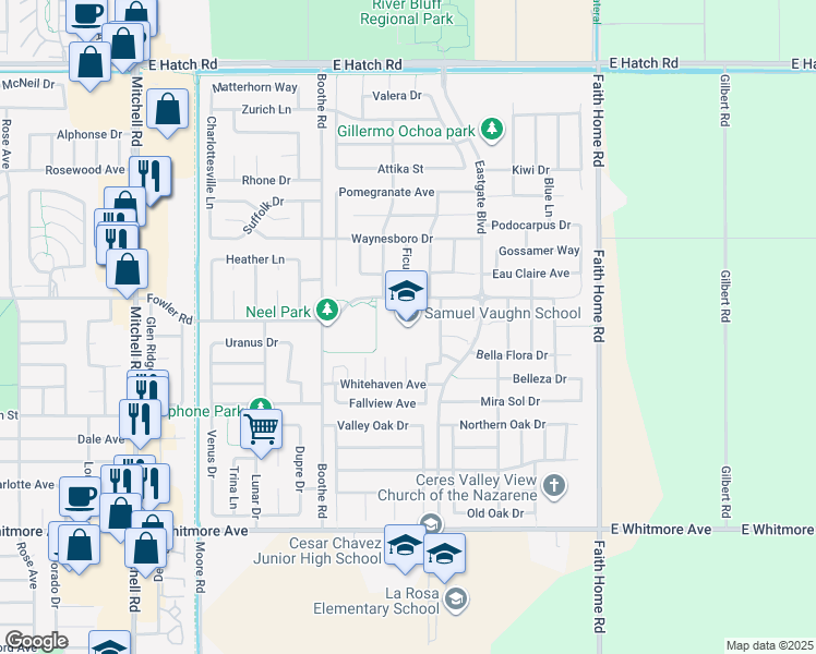 map of restaurants, bars, coffee shops, grocery stores, and more near 3618 Helen Perry Road in Ceres