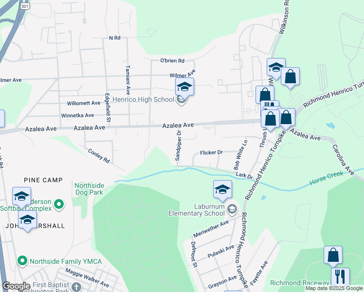 map of restaurants, bars, coffee shops, grocery stores, and more near 5011 Sandpiper Drive in Richmond