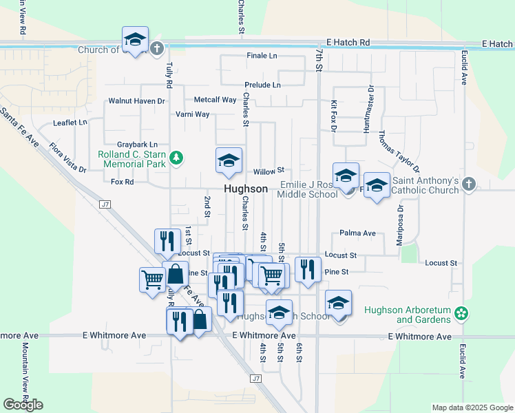 map of restaurants, bars, coffee shops, grocery stores, and more near 2054 4th Street in Hughson