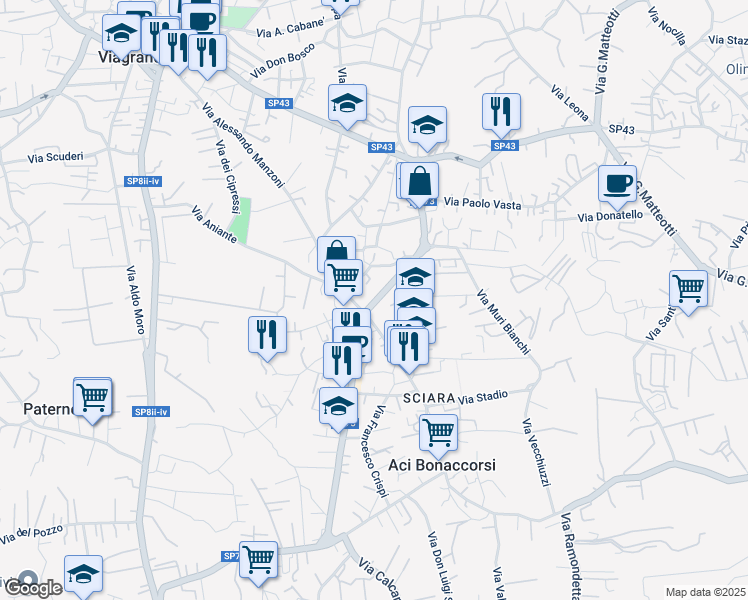 map of restaurants, bars, coffee shops, grocery stores, and more near 68 Via Vittorio Veneto in Aci Bonaccorsi