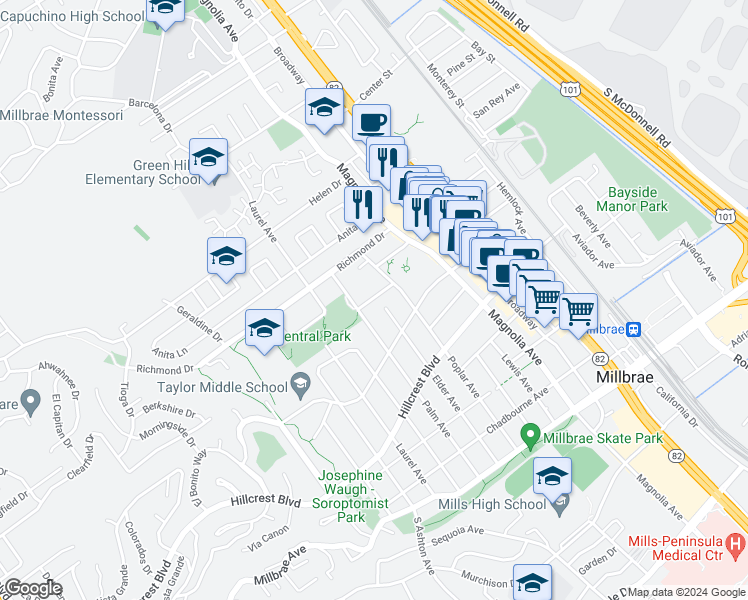map of restaurants, bars, coffee shops, grocery stores, and more near 447 Palm Avenue in Millbrae