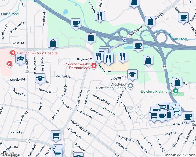 map of restaurants, bars, coffee shops, grocery stores, and more near 7005 Staunton Avenue in Richmond