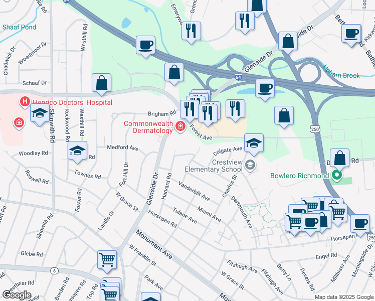 map of restaurants, bars, coffee shops, grocery stores, and more near 1814 Cornell Avenue in Richmond