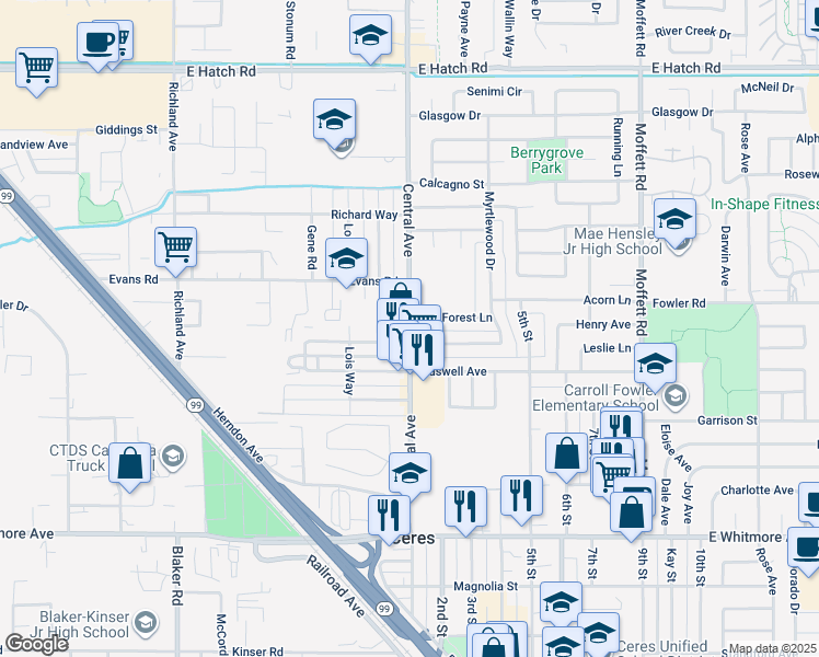 map of restaurants, bars, coffee shops, grocery stores, and more near 1901 Central Avenue in Ceres