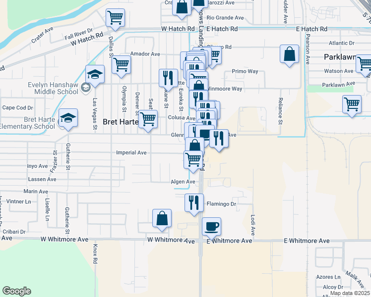 map of restaurants, bars, coffee shops, grocery stores, and more near 2007 Crows Landing Road in Modesto