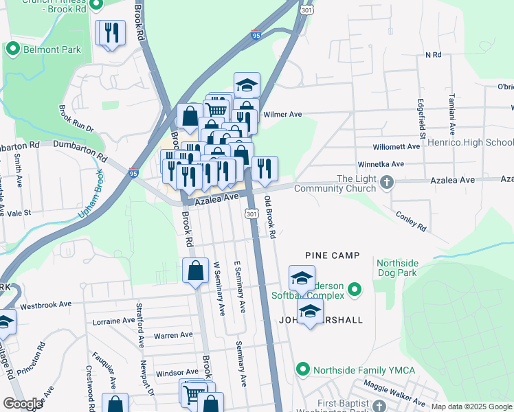 map of restaurants, bars, coffee shops, grocery stores, and more near 4907 Chamberlayne Avenue in Richmond