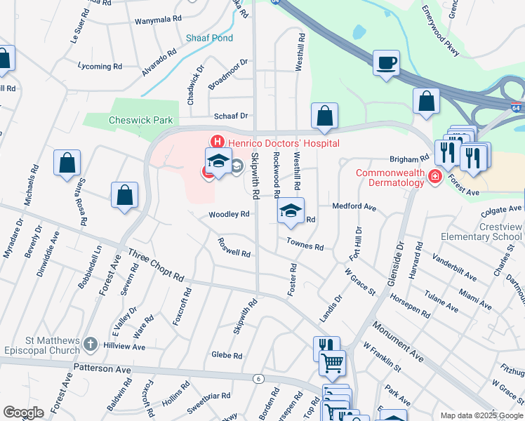 map of restaurants, bars, coffee shops, grocery stores, and more near 1517 Skipwith Road in Henrico