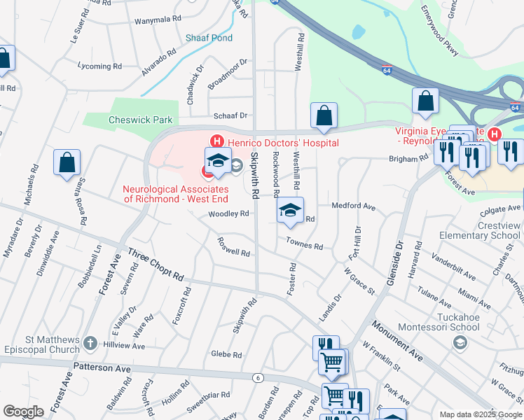 map of restaurants, bars, coffee shops, grocery stores, and more near 1517 Skipwith Road in Henrico