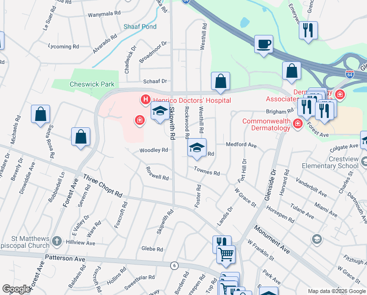 map of restaurants, bars, coffee shops, grocery stores, and more near 1512 Rockwood Road in Richmond