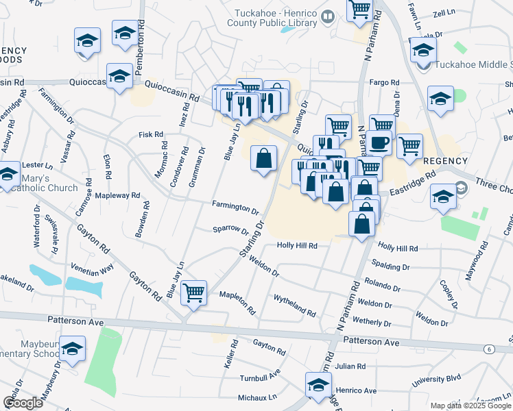 map of restaurants, bars, coffee shops, grocery stores, and more near 9001 Farmington Drive in Richmond