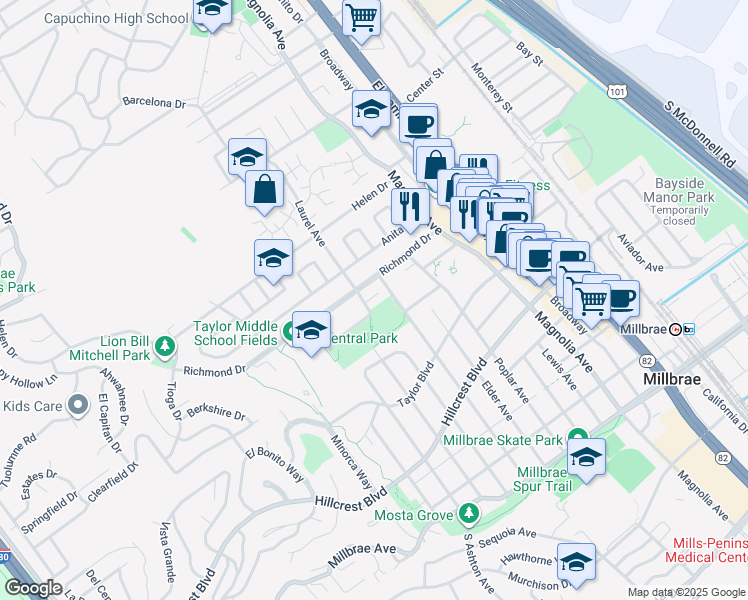map of restaurants, bars, coffee shops, grocery stores, and more near 555 Palm Avenue in Millbrae