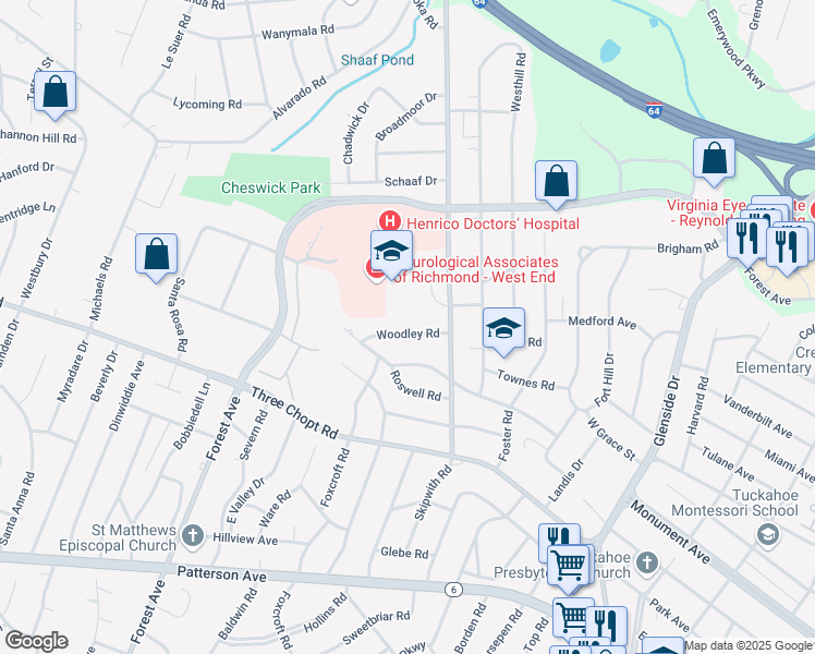 map of restaurants, bars, coffee shops, grocery stores, and more near 7508 Woodley Road in Richmond