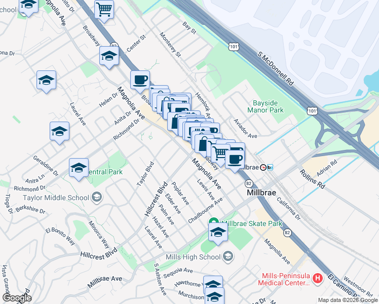 map of restaurants, bars, coffee shops, grocery stores, and more near 400 Magnolia Avenue in Millbrae