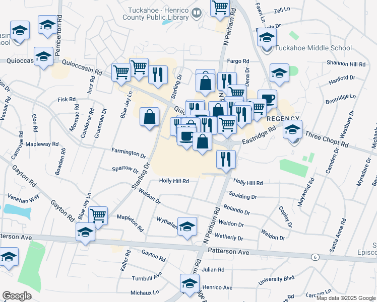 map of restaurants, bars, coffee shops, grocery stores, and more near 1420 North Parham Road in Henrico