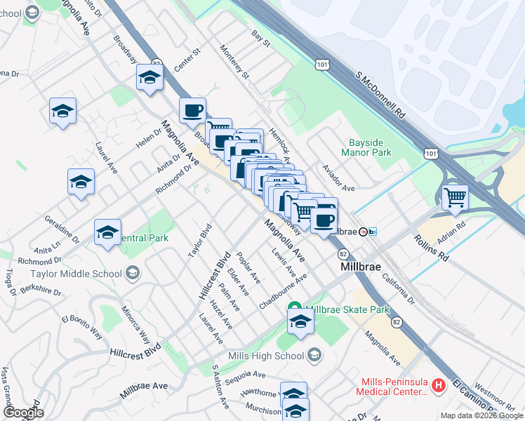 map of restaurants, bars, coffee shops, grocery stores, and more near 400 Magnolia Avenue in Millbrae