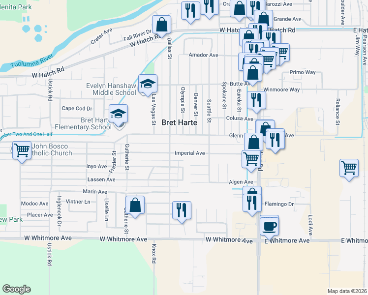 map of restaurants, bars, coffee shops, grocery stores, and more near 604 Glenn Avenue in Modesto