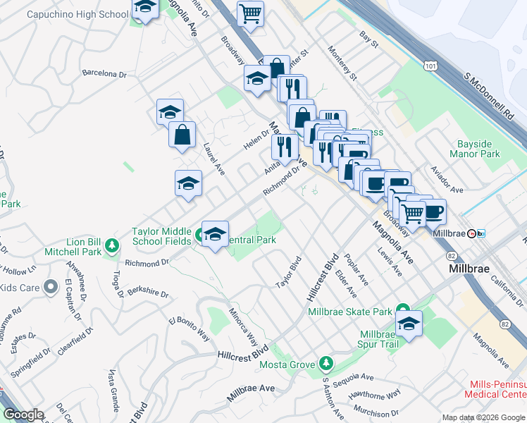 map of restaurants, bars, coffee shops, grocery stores, and more near in Millbrae