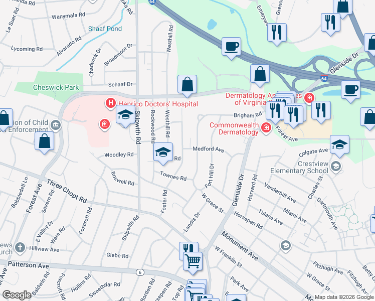 map of restaurants, bars, coffee shops, grocery stores, and more near 1605 Foster Road in Richmond