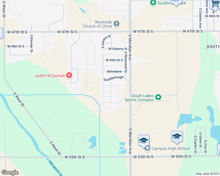 map of restaurants, bars, coffee shops, grocery stores, and more near 5111 South Meridian Avenue in Wichita