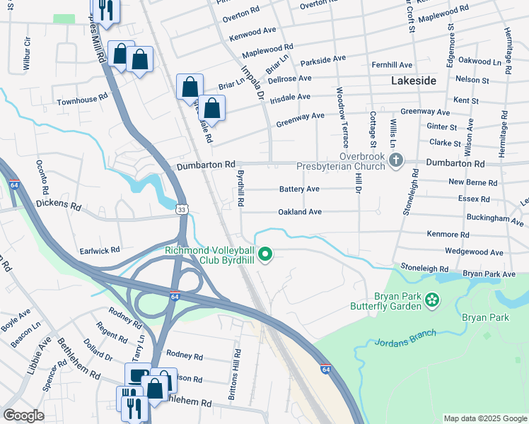 map of restaurants, bars, coffee shops, grocery stores, and more near 2918 Oakland Avenue in Henrico