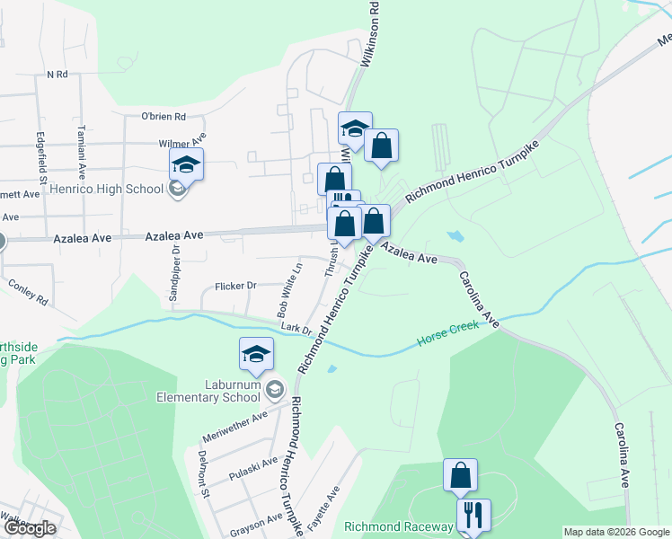 map of restaurants, bars, coffee shops, grocery stores, and more near 5103 Thrush Lane in Richmond