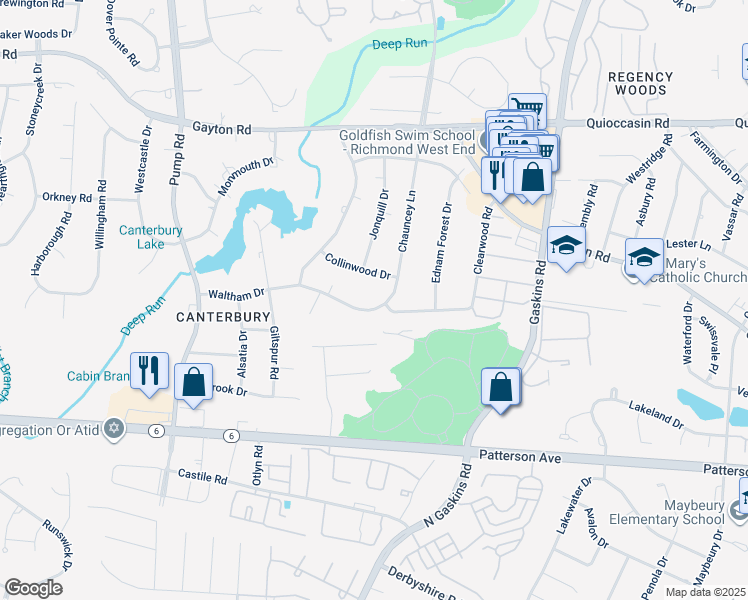 map of restaurants, bars, coffee shops, grocery stores, and more near 10302 Waltham Drive in Richmond