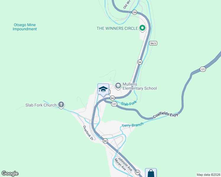 map of restaurants, bars, coffee shops, grocery stores, and more near County Highway 54/1 in Mullens