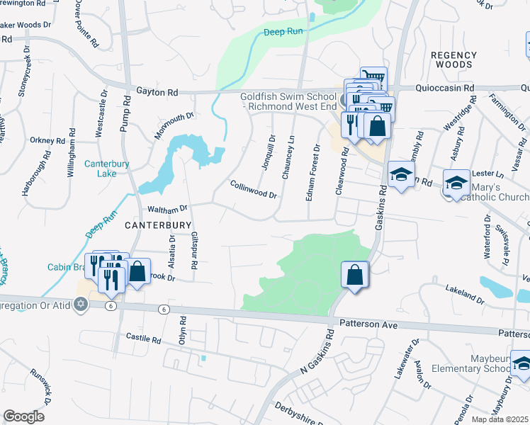 map of restaurants, bars, coffee shops, grocery stores, and more near 10302 Waltham Drive in Richmond