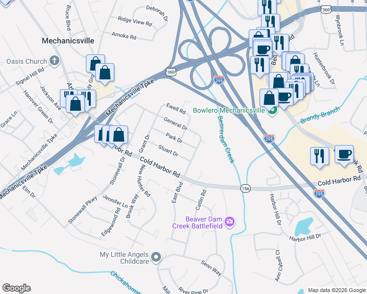 map of restaurants, bars, coffee shops, grocery stores, and more near 7375 General Drive in Mechanicsville