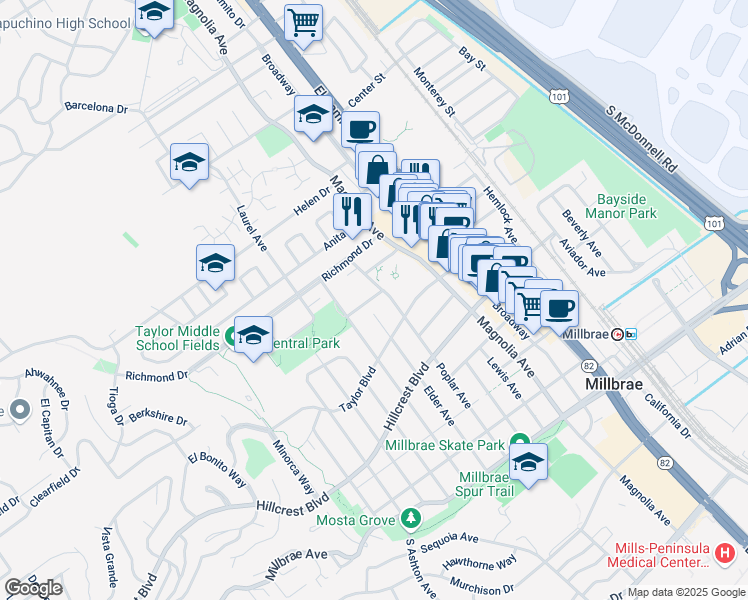 map of restaurants, bars, coffee shops, grocery stores, and more near 1 Library Avenue in Millbrae