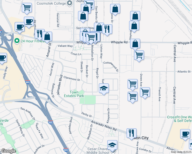 map of restaurants, bars, coffee shops, grocery stores, and more near 2465 Regal Drive in Union City