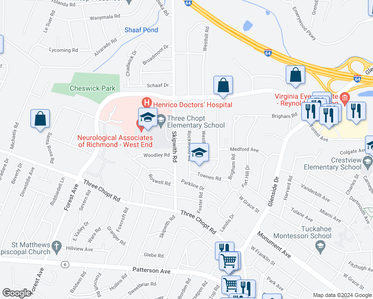 map of restaurants, bars, coffee shops, grocery stores, and more near 1522 Rockwood Road in Richmond