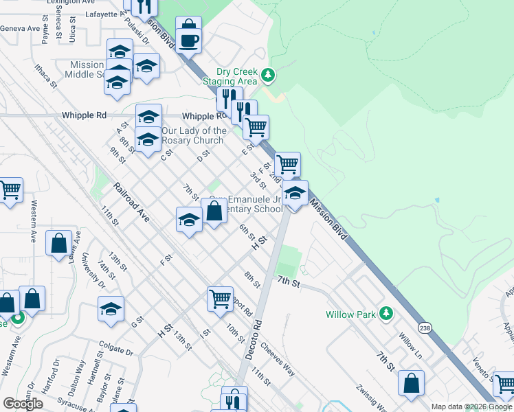 map of restaurants, bars, coffee shops, grocery stores, and more near 403 G Street in Union City