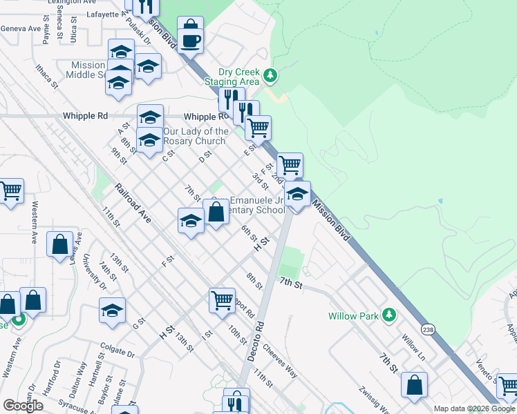map of restaurants, bars, coffee shops, grocery stores, and more near 403 G Street in Union City