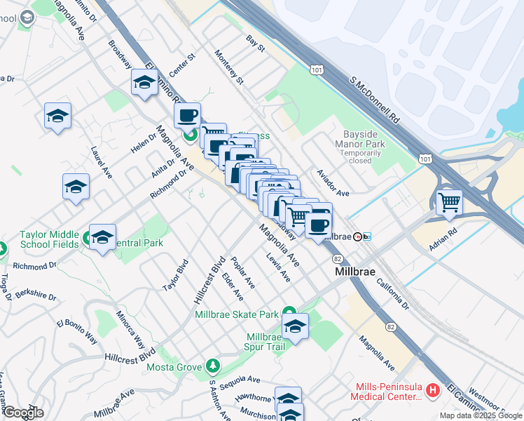 map of restaurants, bars, coffee shops, grocery stores, and more near 401 El Camino Real in Millbrae