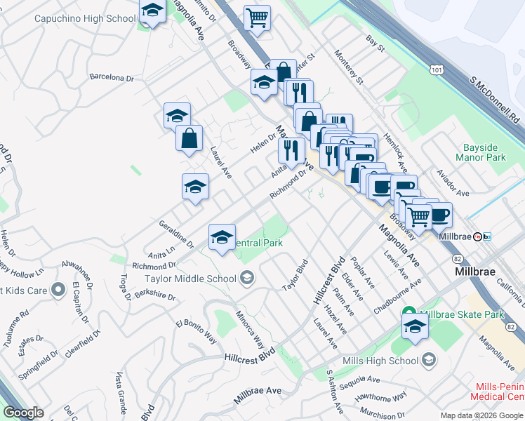 map of restaurants, bars, coffee shops, grocery stores, and more near in Millbrae