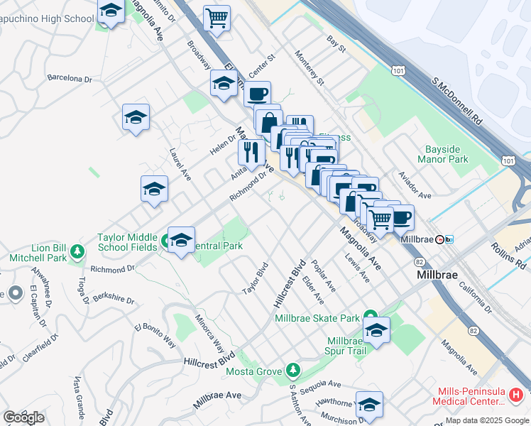 map of restaurants, bars, coffee shops, grocery stores, and more near 1 Library Avenue in Millbrae