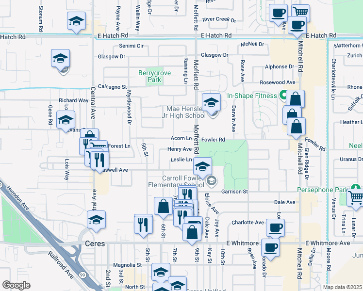 map of restaurants, bars, coffee shops, grocery stores, and more near 2500 Acorn Lane in Ceres