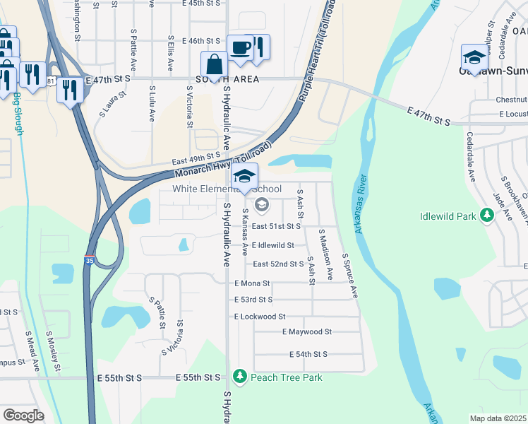 map of restaurants, bars, coffee shops, grocery stores, and more near 5148 South Kansas Street in Wichita
