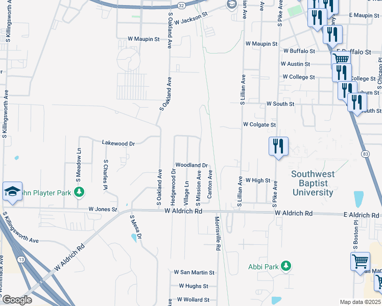 map of restaurants, bars, coffee shops, grocery stores, and more near Village Lane in Bolivar